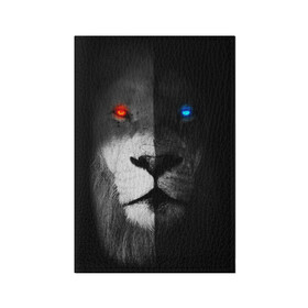 Обложка для паспорта матовая кожа с принтом ЛЕВ - НЕОНОВЫЕ ГЛАЗА в Новосибирске, натуральная матовая кожа | размер 19,3 х 13,7 см; прозрачные пластиковые крепления | Тематика изображения на принте: lion | neon | глаза | голова | дикая кошка | животные | кот | кошка | лев | неон | светящиеся глаза | тигр | хищник