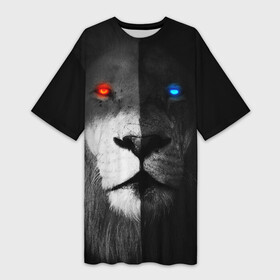 Платье-футболка 3D с принтом ЛЕВ   НЕОНОВЫЕ ГЛАЗА в Новосибирске,  |  | lion | neon | глаза | голова | дикая кошка | животные | кот | кошка | лев | неон | светящиеся глаза | тигр | хищник
