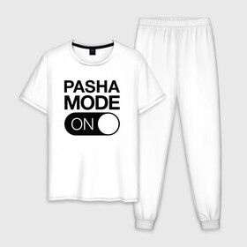 Мужская пижама хлопок с принтом Pasha Mode On в Новосибирске, 100% хлопок | брюки и футболка прямого кроя, без карманов, на брюках мягкая резинка на поясе и по низу штанин
 | name | names | имена | имя | надписи | паша | прикольные | стикер