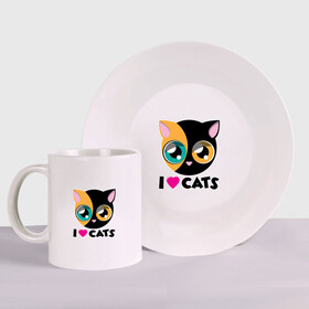 Набор: тарелка + кружка с принтом I Love Cats в Новосибирске, керамика | Кружка: объем — 330 мл, диаметр — 80 мм. Принт наносится на бока кружки, можно сделать два разных изображения. 
Тарелка: диаметр - 210 мм, диаметр для нанесения принта - 120 мм. | animal | cat | cute | kitty | love | meow | друг | животные | киска | китти | кот | котенок | котик | котэ | кошечка | кошка | милый | мур | мяу | питомец | тигр