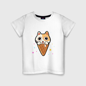 Детская футболка хлопок с принтом Ice Cream Cat в Новосибирске, 100% хлопок | круглый вырез горловины, полуприлегающий силуэт, длина до линии бедер | animal | cat | cute | kitty | meow | друг | животные | киска | китти | кот | котенок | котик | котэ | кошечка | кошка | милый | мороженое | мур | мяу | питомец | тигр