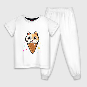 Детская пижама хлопок с принтом Ice Cream Cat в Новосибирске, 100% хлопок |  брюки и футболка прямого кроя, без карманов, на брюках мягкая резинка на поясе и по низу штанин
 | animal | cat | cute | kitty | meow | друг | животные | киска | китти | кот | котенок | котик | котэ | кошечка | кошка | милый | мороженое | мур | мяу | питомец | тигр