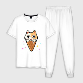 Мужская пижама хлопок с принтом Ice Cream Cat в Новосибирске, 100% хлопок | брюки и футболка прямого кроя, без карманов, на брюках мягкая резинка на поясе и по низу штанин
 | animal | cat | cute | kitty | meow | друг | животные | киска | китти | кот | котенок | котик | котэ | кошечка | кошка | милый | мороженое | мур | мяу | питомец | тигр