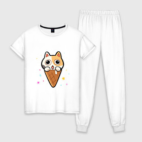 Женская пижама хлопок с принтом Ice Cream Cat в Новосибирске, 100% хлопок | брюки и футболка прямого кроя, без карманов, на брюках мягкая резинка на поясе и по низу штанин | animal | cat | cute | kitty | meow | друг | животные | киска | китти | кот | котенок | котик | котэ | кошечка | кошка | милый | мороженое | мур | мяу | питомец | тигр