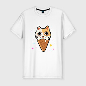 Мужская футболка хлопок Slim с принтом Ice Cream Cat в Новосибирске, 92% хлопок, 8% лайкра | приталенный силуэт, круглый вырез ворота, длина до линии бедра, короткий рукав | animal | cat | cute | kitty | meow | друг | животные | киска | китти | кот | котенок | котик | котэ | кошечка | кошка | милый | мороженое | мур | мяу | питомец | тигр