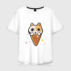 Мужская футболка хлопок Oversize с принтом Ice Cream Cat в Новосибирске, 100% хлопок | свободный крой, круглый ворот, “спинка” длиннее передней части | animal | cat | cute | kitty | meow | друг | животные | киска | китти | кот | котенок | котик | котэ | кошечка | кошка | милый | мороженое | мур | мяу | питомец | тигр