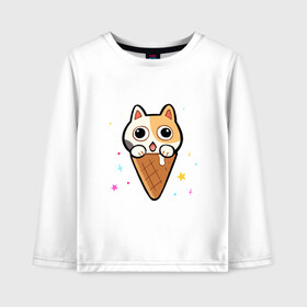 Детский лонгслив хлопок с принтом Ice Cream Cat в Новосибирске, 100% хлопок | круглый вырез горловины, полуприлегающий силуэт, длина до линии бедер | animal | cat | cute | kitty | meow | друг | животные | киска | китти | кот | котенок | котик | котэ | кошечка | кошка | милый | мороженое | мур | мяу | питомец | тигр