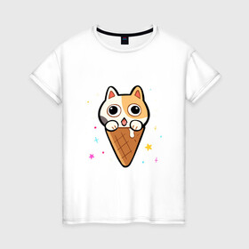 Женская футболка хлопок с принтом Ice Cream Cat в Новосибирске, 100% хлопок | прямой крой, круглый вырез горловины, длина до линии бедер, слегка спущенное плечо | animal | cat | cute | kitty | meow | друг | животные | киска | китти | кот | котенок | котик | котэ | кошечка | кошка | милый | мороженое | мур | мяу | питомец | тигр
