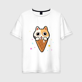 Женская футболка хлопок Oversize с принтом Ice Cream Cat в Новосибирске, 100% хлопок | свободный крой, круглый ворот, спущенный рукав, длина до линии бедер
 | animal | cat | cute | kitty | meow | друг | животные | киска | китти | кот | котенок | котик | котэ | кошечка | кошка | милый | мороженое | мур | мяу | питомец | тигр