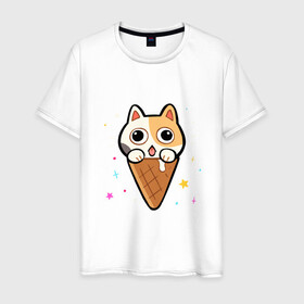 Мужская футболка хлопок с принтом Ice Cream Cat в Новосибирске, 100% хлопок | прямой крой, круглый вырез горловины, длина до линии бедер, слегка спущенное плечо. | animal | cat | cute | kitty | meow | друг | животные | киска | китти | кот | котенок | котик | котэ | кошечка | кошка | милый | мороженое | мур | мяу | питомец | тигр