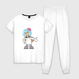 Женская пижама хлопок с принтом Сэнди в Новосибирске, 100% хлопок | брюки и футболка прямого кроя, без карманов, на брюках мягкая резинка на поясе и по низу штанин | sponge bob | spongebob squarepants | губка боб | губка боб квадратные штаны | спанч боб