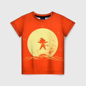 Детская футболка 3D с принтом Гоку и луна в Новосибирске, 100% гипоаллергенный полиэфир | прямой крой, круглый вырез горловины, длина до линии бедер, чуть спущенное плечо, ткань немного тянется | Тематика изображения на принте: anime | dragon ball | moon | аниме | анимэ | драгон бал | дрэгон бол | жемчуг дракона | луна