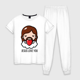 Женская пижама хлопок с принтом Иисус любит тебя в Новосибирске, 100% хлопок | брюки и футболка прямого кроя, без карманов, на брюках мягкая резинка на поясе и по низу штанин | доброта | иисус | любовь | молитва | облако | пасха