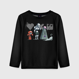 Детский лонгслив 3D с принтом Любовь, Смерть & Роботы в Новосибирске, 100% полиэстер | длинные рукава, круглый вырез горловины, полуприлегающий силуэт
 | cat | cats | death | logo | love | netflix | robots | анимация | кино | кот | кошка | лого | любовь | нетфликс | роботы | сериал