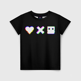 Детская футболка 3D с принтом Love Death and Robots (Glitch) в Новосибирске, 100% гипоаллергенный полиэфир | прямой крой, круглый вырез горловины, длина до линии бедер, чуть спущенное плечо, ткань немного тянется | death | glitch | heart | ldr | logo | love | netflix | robots | smile | анимация | глитч | глич | кино | лого | лср | любовь | нетфликс | роботы | сердце | сериал | смайл | смайлик