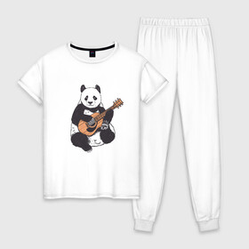 Женская пижама хлопок с принтом Панда гитарист | Panda Guitar в Новосибирске, 100% хлопок | брюки и футболка прямого кроя, без карманов, на брюках мягкая резинка на поясе и по низу штанин | Тематика изображения на принте: acoustic | bear | bears | china | chineese panda | guitarist | music | акустическая гитара | гитара | китай | китайская панда | косолапый | медведь | медвежонок | милая панда | мишка | музыка | музыкант | пандочка | пандочки
