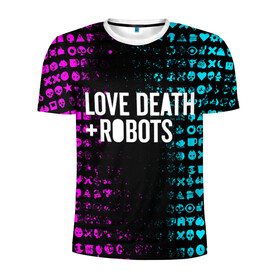 Мужская футболка 3D спортивная с принтом ЛЮБОВЬ СМЕРТЬ И РОБОТЫ в Новосибирске, 100% полиэстер с улучшенными характеристиками | приталенный силуэт, круглая горловина, широкие плечи, сужается к линии бедра | death | hear | ldr | logo | love | netflix | robots | smile | анимация | кино | лого | лср | любовь | нетфликс | роботы | сердце | сериал | смайл | смайлик