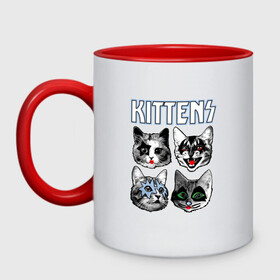 Кружка двухцветная с принтом Kittens в Новосибирске, керамика | объем — 330 мл, диаметр — 80 мм. Цветная ручка и кайма сверху, в некоторых цветах — вся внутренняя часть | Тематика изображения на принте: animal | cat | cute | kiss | kitty | meow | rock | гитара | друг | животные | киска | кисс | китти | кот | котенок | котик | котэ | кошечка | кошка | метал | милый | музыка | мур | мяу | питомец | рок | тигр