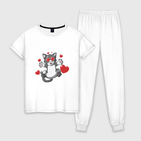 Женская пижама хлопок с принтом Love Cat в Новосибирске, 100% хлопок | брюки и футболка прямого кроя, без карманов, на брюках мягкая резинка на поясе и по низу штанин | animal | cat | cute | kitty | love | meow | друг | животные | киска | китти | кот | котенок | котик | котэ | кошечка | кошка | люблю | любовь | милый | мур | мяу | питомец | сердце | тигр