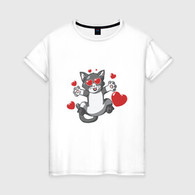 Женская футболка хлопок с принтом Love Cat в Новосибирске, 100% хлопок | прямой крой, круглый вырез горловины, длина до линии бедер, слегка спущенное плечо | animal | cat | cute | kitty | love | meow | друг | животные | киска | китти | кот | котенок | котик | котэ | кошечка | кошка | люблю | любовь | милый | мур | мяу | питомец | сердце | тигр