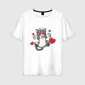 Женская футболка хлопок Oversize с принтом Love Cat в Новосибирске, 100% хлопок | свободный крой, круглый ворот, спущенный рукав, длина до линии бедер
 | animal | cat | cute | kitty | love | meow | друг | животные | киска | китти | кот | котенок | котик | котэ | кошечка | кошка | люблю | любовь | милый | мур | мяу | питомец | сердце | тигр