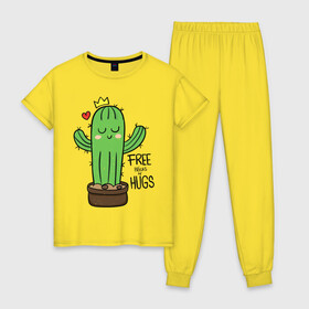 Женская пижама хлопок с принтом Милый маленький кактус в Новосибирске, 100% хлопок | брюки и футболка прямого кроя, без карманов, на брюках мягкая резинка на поясе и по низу штанин | baby | cactus | cute | fashion | girl | kids | little | school | девочкам | девочке | детское | детям | для девочек | кактус | милый | растение
