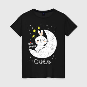 Женская футболка хлопок с принтом Милый зайчик на луне в Новосибирске, 100% хлопок | прямой крой, круглый вырез горловины, длина до линии бедер, слегка спущенное плечо | baby | bunny | cute | fashion | kids | moom | rabbit | school | зайчик | заяц | кролик | луна | милый | на луне