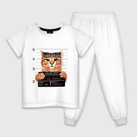 Детская пижама хлопок с принтом РУТОЙ КОТ В ОЧКАХ ЗАКЛЮЧЕННЫЙ в Новосибирске, 100% хлопок |  брюки и футболка прямого кроя, без карманов, на брюках мягкая резинка на поясе и по низу штанин
 | Тематика изображения на принте: cat | cats | cool | cute | funny | kitten | kitty | meow | pet | prisoner | в очках | заключенный | кот | котик | коты | кошка | кошки | милый