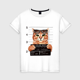 Женская футболка хлопок с принтом РУТОЙ КОТ В ОЧКАХ ЗАКЛЮЧЕННЫЙ в Новосибирске, 100% хлопок | прямой крой, круглый вырез горловины, длина до линии бедер, слегка спущенное плечо | cat | cats | cool | cute | funny | kitten | kitty | meow | pet | prisoner | в очках | заключенный | кот | котик | коты | кошка | кошки | милый