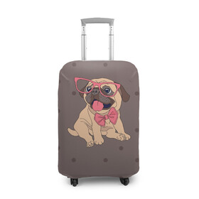 Чехол для чемодана 3D с принтом Мопс в очках в Новосибирске, 86% полиэфир, 14% спандекс | двустороннее нанесение принта, прорези для ручек и колес | бульдог | бульдоги | в горошек | животное | золото | мопс | мопсики | пес | порода | собака | собачки