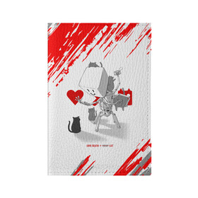 Обложка для паспорта матовая кожа с принтом Love, Death and Cats | Любов, смерть и котики (Z) в Новосибирске, натуральная матовая кожа | размер 19,3 х 13,7 см; прозрачные пластиковые крепления | death | love | love death robots | netflix | robots | vedeathrobots | xbot 4000 | любовь | нетфликс | роботы | сериал | сериалы