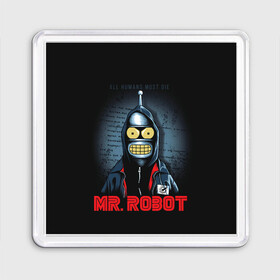 Магнит 55*55 с принтом Bender x mr robot в Новосибирске, Пластик | Размер: 65*65 мм; Размер печати: 55*55 мм | Тематика изображения на принте: bender | futurama | mr robot | planet express | бендер | мистер робот | мульт | мультфильм | планетный экспресс | туранга лила | филипп джэй фрай | футурама