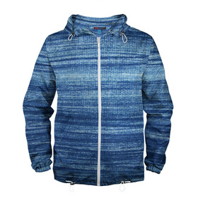 Мужская ветровка 3D с принтом Texture. Denim в Новосибирске, 100% полиэстер | подол и капюшон оформлены резинкой с фиксаторами, два кармана без застежек по бокам, один потайной карман на груди | background | blue | dark | denim | gradient | ice | jeans | paints | ripples | spot | spots | stripes | texture | white | белый | градиент | джинсы | лед | линии | полосы | пятна | пятно | светлый | синий | текстура | темная | ткань | тьма | фон