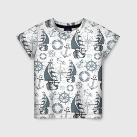 Детская футболка 3D с принтом Морской узор  Nautical Pattern в Новосибирске, 100% гипоаллергенный полиэфир | прямой крой, круглый вырез горловины, длина до линии бедер, чуть спущенное плечо, ткань немного тянется | Тематика изображения на принте: anchor | anchors | lifebuoy | maritime | nautica | sail | sailboat | ship | ships | для моряков | компас | корабли | корабль | морская тематика | морской волк | моряк | парусник | роза ветров | спасательный круг | стороны света
