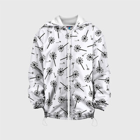 Детская куртка 3D с принтом Призрачные одуванчики в Новосибирске, 100% полиэстер | застежка — молния, подол и капюшон оформлены резинкой с фиксаторами, по бокам — два кармана без застежек, один потайной карман на груди, плотность верхнего слоя — 90 г/м2; плотность флисового подклада — 260 г/м2 | Тематика изображения на принте: black and white | casual | dandelion | flowers | fly | minimalism | nature | pattern | spring | summer | весна | девушкам | летающие | лето | минимализм | монохром | одуванчики | паттерн | повседневный | поляна | природа | пух | растения | тексту