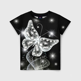 Детская футболка 3D с принтом Белая бабочка в Новосибирске, 100% гипоаллергенный полиэфир | прямой крой, круглый вырез горловины, длина до линии бедер, чуть спущенное плечо, ткань немного тянется | бабочка | блестки | блестящая бабочка | черно белое