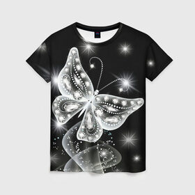 Женская футболка 3D с принтом Белая бабочка в Новосибирске, 100% полиэфир ( синтетическое хлопкоподобное полотно) | прямой крой, круглый вырез горловины, длина до линии бедер | бабочка | блестки | блестящая бабочка | черно белое
