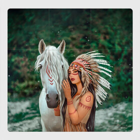 Магнитный плакат 3Х3 с принтом Дочь вождя в Новосибирске, Полимерный материал с магнитным слоем | 9 деталей размером 9*9 см | девушка | индейская девушка | индейцы | лошадь