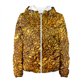 Женская куртка 3D с принтом Сусальное золото в Новосибирске, ткань верха — 100% полиэстер, подклад — флис | прямой крой, подол и капюшон оформлены резинкой с фиксаторами, два кармана без застежек по бокам, один большой потайной карман на груди. Карман на груди застегивается на липучку | gold | золото | золотой | мятая | сусальное | фольга