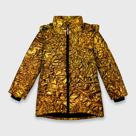 Зимняя куртка для девочек 3D с принтом Сусальное золото в Новосибирске, ткань верха — 100% полиэстер; подклад — 100% полиэстер, утеплитель — 100% полиэстер. | длина ниже бедра, удлиненная спинка, воротник стойка и отстегивающийся капюшон. Есть боковые карманы с листочкой на кнопках, утяжки по низу изделия и внутренний карман на молнии. 

Предусмотрены светоотражающий принт на спинке, радужный светоотражающий элемент на пуллере молнии и на резинке для утяжки. | Тематика изображения на принте: gold | золото | золотой | мятая | сусальное | фольга