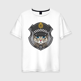 Женская футболка хлопок Oversize с принтом CAT POLICE КОШАЧЬЯ ПОЛИЦИЯ (Z) в Новосибирске, 100% хлопок | свободный крой, круглый ворот, спущенный рукав, длина до линии бедер
 | 102 | 112 | cat | cats | constabulary | cop | law | meow | police | policeman | жандарм | интерпол | коп | копы | кот | котик | котики | коты | кошка | кошки | красивая кошка | мент | мяу