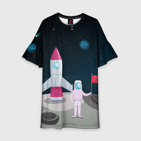 Детское платье 3D с принтом Астронавт покоряет космос в Новосибирске, 100% полиэстер | прямой силуэт, чуть расширенный к низу. Круглая горловина, на рукавах — воланы | astronaut | moon | planets | rocket | shuttle | space | stars | звёзды | космонавт | космос | луна | планеты | ракета | шаттл