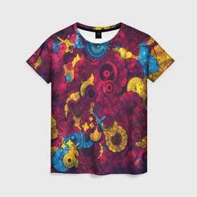 Женская футболка 3D с принтом Цветы - шестеренки в Новосибирске, 100% полиэфир ( синтетическое хлопкоподобное полотно) | прямой крой, круглый вырез горловины, длина до линии бедер | странные цветы | узоры | узоры цветов | цветы | шестеренки
