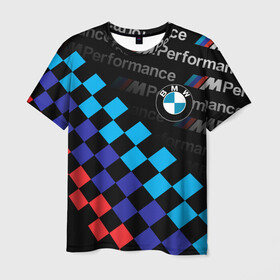 Мужская футболка 3D с принтом BMW / ФЛАГ/ M PERFORMANCE в Новосибирске, 100% полиэфир | прямой крой, круглый вырез горловины, длина до линии бедер | bmw | m performance | m style | sport | x3 | x5 | x6 | x7 | авто | автомобиль | беха | бмв | бумер | м пакет | м перфоманс | спорт | финишный флаг.