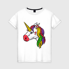 Женская футболка хлопок с принтом Цветной Единорог в Новосибирске, 100% хлопок | прямой крой, круглый вырез горловины, длина до линии бедер, слегка спущенное плечо | animal | horse | love | голова | грива | единорог | животные | зверь | конь | лошадь | любовь | магия | миф | рога | сердечки