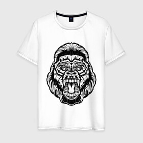 Мужская футболка хлопок с принтом Злая Горилла в Новосибирске, 100% хлопок | прямой крой, круглый вырез горловины, длина до линии бедер, слегка спущенное плечо. | animal | beast | gorilla | monkey | горилла | животные | зверь | конг | обезьяна | природа | хищник