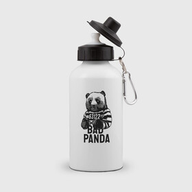 Бутылка спортивная с принтом Плохая панда в Новосибирске, металл | емкость — 500 мл, в комплекте две пластиковые крышки и карабин для крепления | bad | panda | заключенный | медведь | наручники | панда