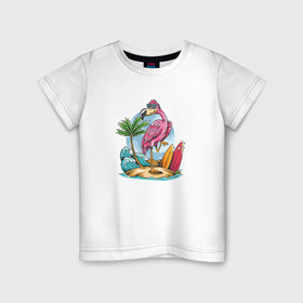 Детская футболка хлопок с принтом Фламинго на пляже в Новосибирске, 100% хлопок | круглый вырез горловины, полуприлегающий силуэт, длина до линии бедер | beach | palm | sea | summer | волны | жара | летние | лето | море | пальмы | пляж | серфинг | фламинго