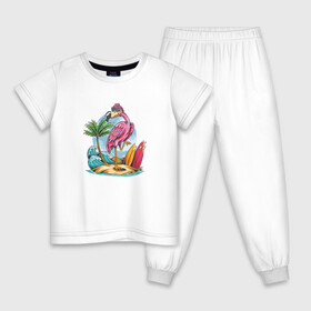 Детская пижама хлопок с принтом Фламинго на пляже в Новосибирске, 100% хлопок |  брюки и футболка прямого кроя, без карманов, на брюках мягкая резинка на поясе и по низу штанин
 | Тематика изображения на принте: beach | palm | sea | summer | волны | жара | летние | лето | море | пальмы | пляж | серфинг | фламинго