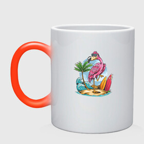 Кружка хамелеон с принтом Фламинго на пляже в Новосибирске, керамика | меняет цвет при нагревании, емкость 330 мл | Тематика изображения на принте: beach | palm | sea | summer | волны | жара | летние | лето | море | пальмы | пляж | серфинг | фламинго